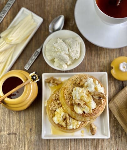 Posh Crumpets with Ricotta Honey & Walnuts