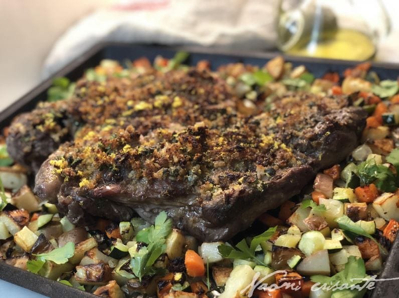 Butterflied Lamb with Caper Anchovy Crust and Veg Medley