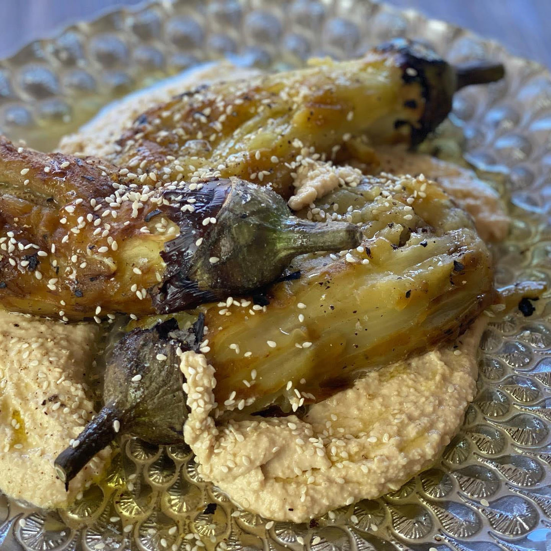 Charred Eggplant with Hummus & Sesame Seeds
