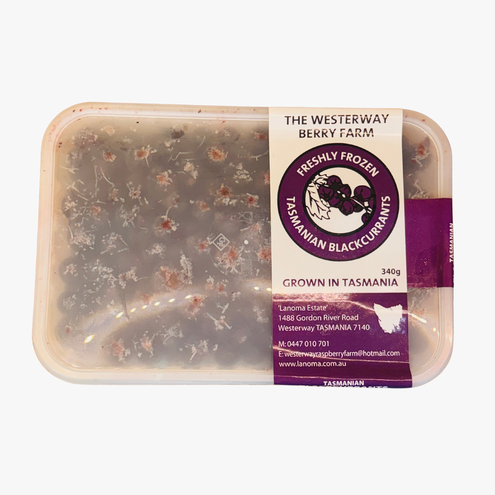 Frozen Tasmanian blackcurrant packaging with Westerway Berry Farm label on a white background